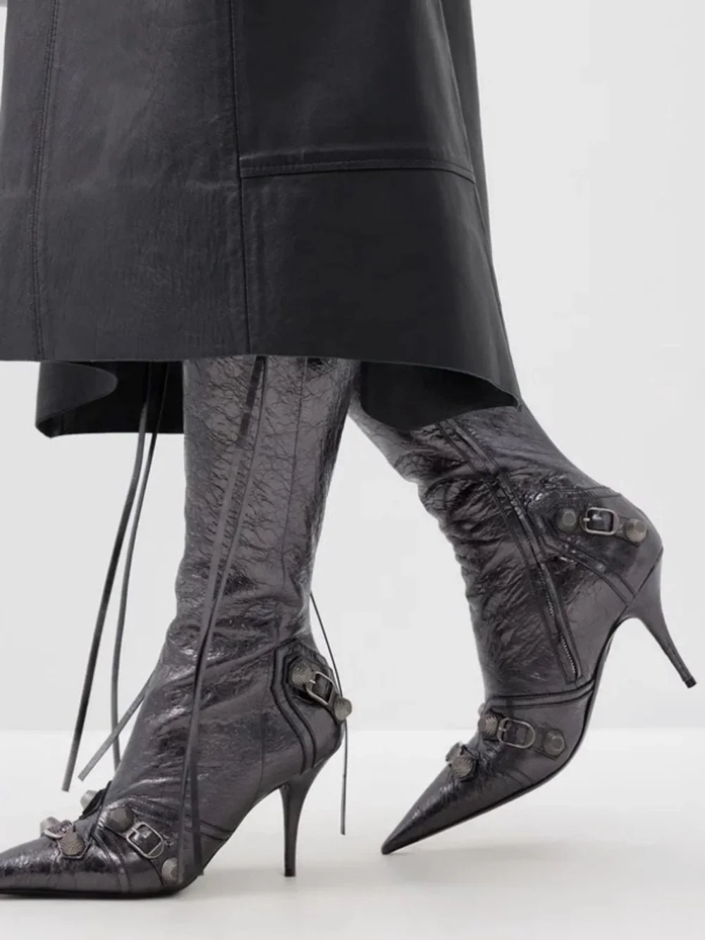 BALENCIAGA Le Cagole studded crinkled-leather knee boots